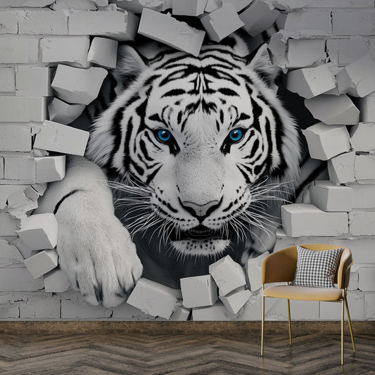 Papier peint tigre 3D sur mur de briques