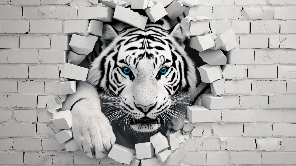 Papier peint tigre 3D sur mur de briques
