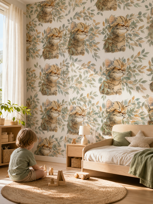 Papier peint chat et feuillage chambre enfant