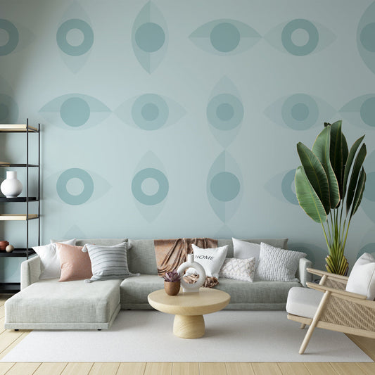 Papier peint géométrique motif œil bleu clair
