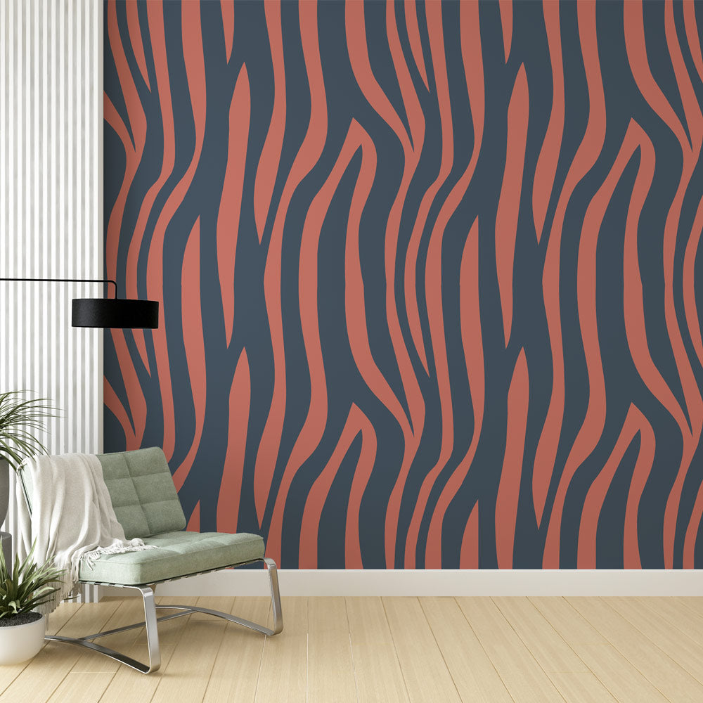 Papier peint rayures bleu marine et corail