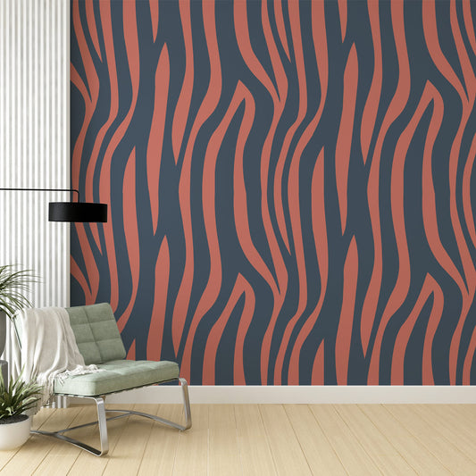Papier peint rayures bleu marine et corail